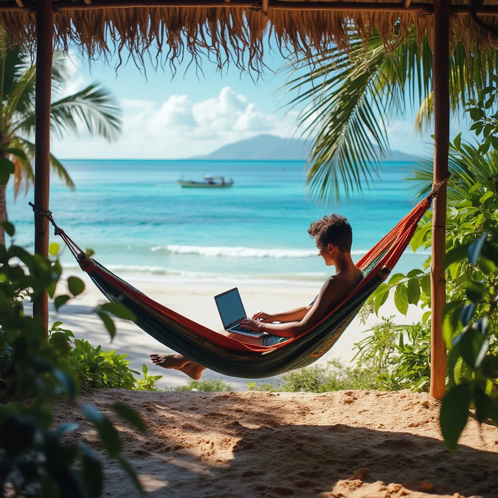 Person working on laptop from beach view